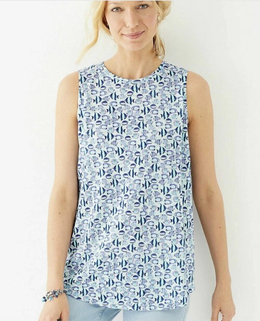 J. Jill Linen Navy Blue Fish Print Knit Sleeveless Tank Sz S Nautical Coastal